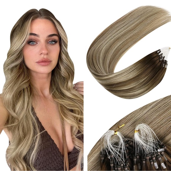 HUMAN HAIR Micro Bead Extensions Light Brown Balayage Ash Brown w/ Highlights - Picture 1 of 12